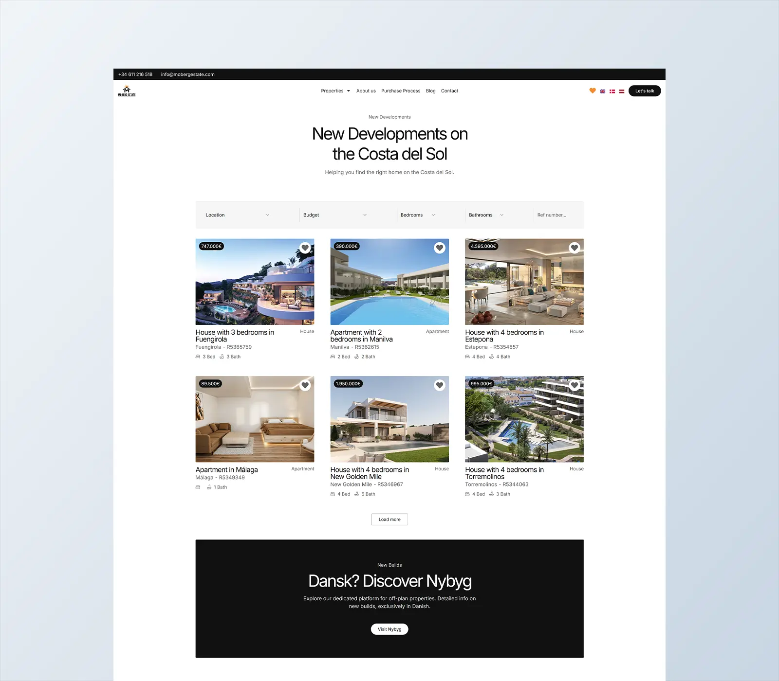 Moberg Estate diseño página de propiedades de la inmobiliaria